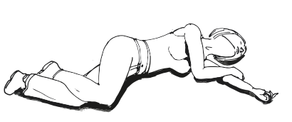 Recovery position: The mouth is downward so that fluid can drain from the child's airway; the chin is well up to keep the airway open. Arms and legs are locked to stabilize the position of the child.