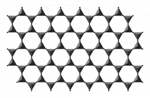 Continuous sheets of tetradedra with all three base corners bonded to each other; the top corner active to bond with anions