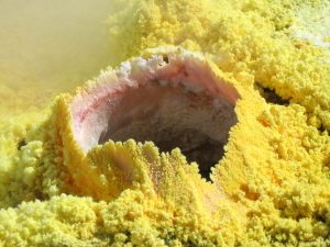 Native sulfur deposited around the vent of a volcanic fumarole
