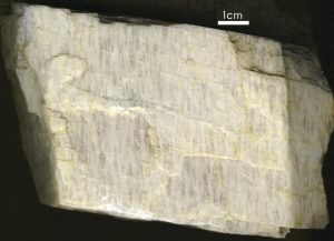 Image showing exsolution lamellae in potassium feldspar. These are separations of sodium feldspar from potassium feldspar within the crystal, not striations.