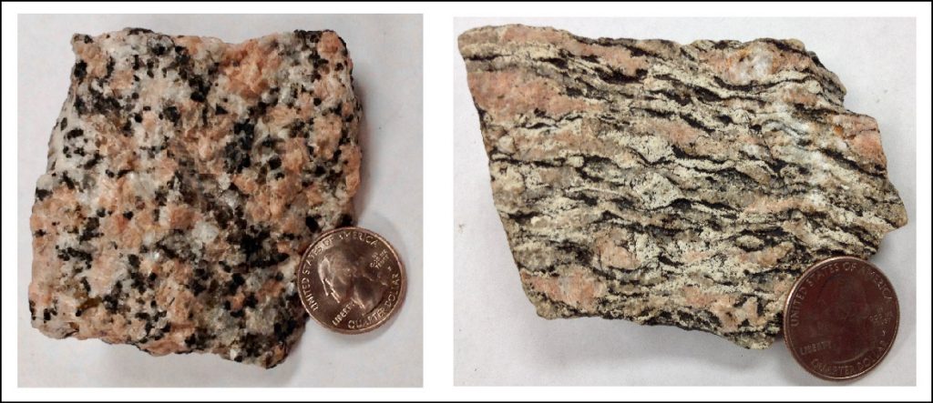 Source: Peter Davis Two rocks with very similar colors. One is a granite and another is a gneiss that has aligned dark minerals.