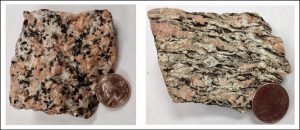 Source: Peter Davis Two rocks with very similar colors. One is a granite and another is a gneiss that has aligned dark minerals.