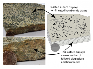 Source: Peter Davis Foliated surface displays non-lineated hornblende grains. A cross-section displays a cross section of foliated plagioclase and hornblende