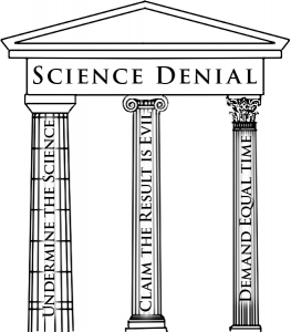 Shows three pillars labeled "Undermine the Science", "Claim the Result is Evil", and "Demand Equal Time".