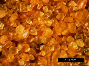 Photo by Mark A. Wilson and released into the Public domain. Windblown sand grains showing rounding and frosted surfaces due to transport b wind.