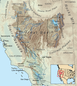 By Kmusser Map of the Great Basin occupying Utah west of the Wasatch Mountains, most of Neada, southeast Oregon and esxtending into southern California.