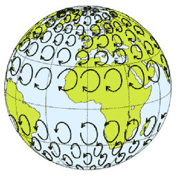 Used by permission of Anders Persson under under the terms of the GNU Free Documentation License. Illustration of the Earth with circles showing the Coriolis deflection to the right in the Northern Hemisphere and to the left in the Southern Hemisphere.