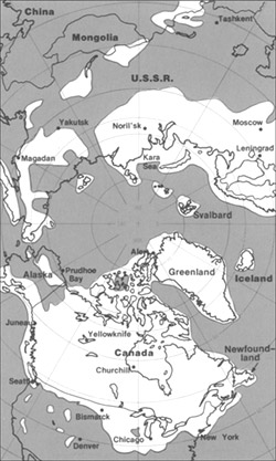 Source: USGS. The maximum extent of glacial ice in the north polar area during Pleistocene time. {{PD-USGov-Interior-USGS}} http://pubs.usgs.gov/gip/continents/map.jpg Shows extent of last ice age with glacier covering most of Canada and some of the northern U.S. including Alaska, Wisconsin, Minnesota, the Great Lakes, and parts of other states.