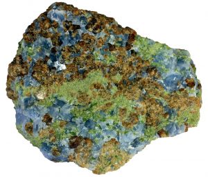 "By Calcite is blue, augite green, and garnet brown/orange in this rock.