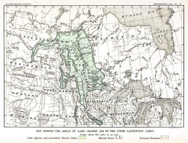 Map showing a large lake covering the central part of Canada.