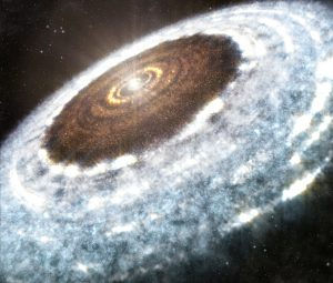 A. Angelich (NRAO/AUI/NSF)/ALMA (ESO/NAOJ/NRAO) It shows a ring of ice around the star