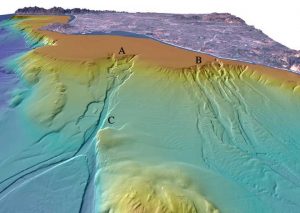 By United States Geological Survey The canyons are carved into the slope.