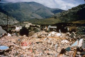 Example of devastation on unreinforced masonry by seismic motion.