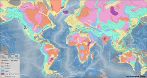 The legend shows shields, platforms, orogens, basins, large igneous provinces, and extended crust.