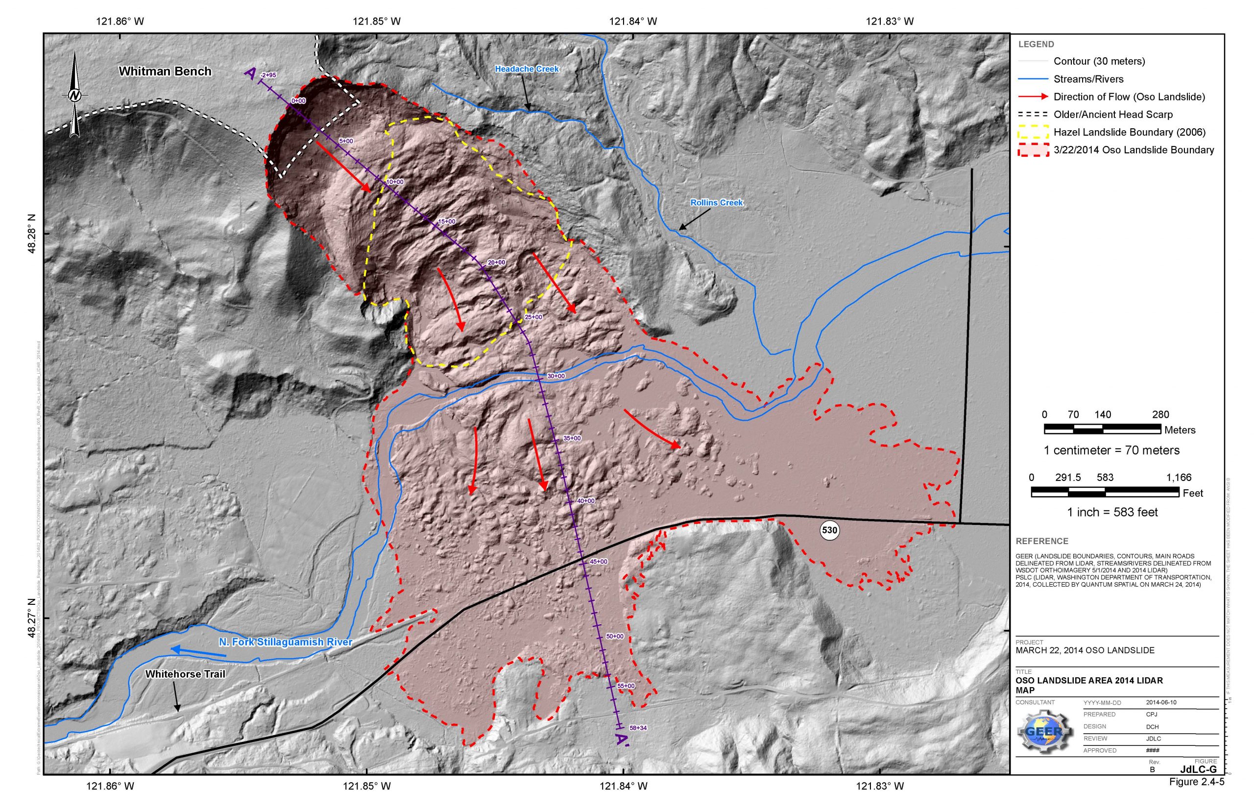 Shaded releif map showing size of slide, flow direction arrows, home covered, and distinct scarp.