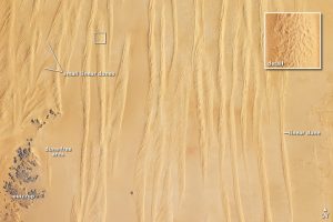 Source: NASA image in the Public Domain Long linear parallel dune ridges that form in the direction of prevailing winds.