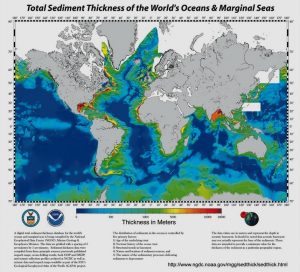 NOAA, public domain The thickness is low in the abyssal plain.
