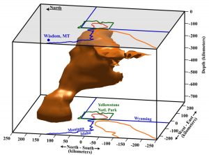 Seismic tomograph showing the magma chamber beneath Yellowstone National Park