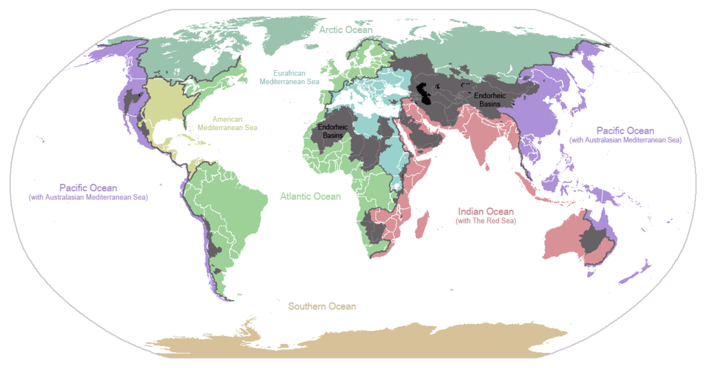 By Citynoise at English Wikipedia Major drainage basins color coded to match the related ocean. Closed basins (or endorheic basins) are shown in gray.