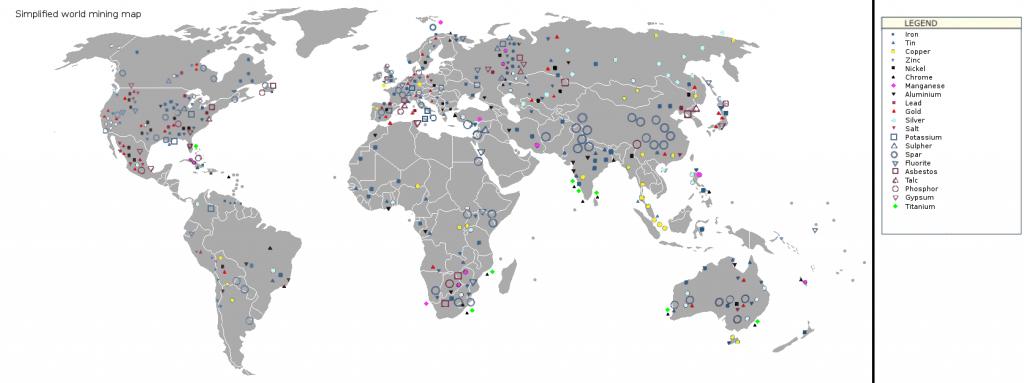 "By The map shows many different materials that are mined across the world.