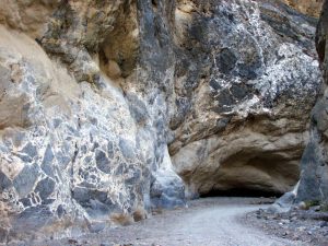 The grey rock is broken and angular within the larger rock.