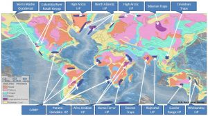 World map of flood basalts. Note the largest is the Siberian Traps