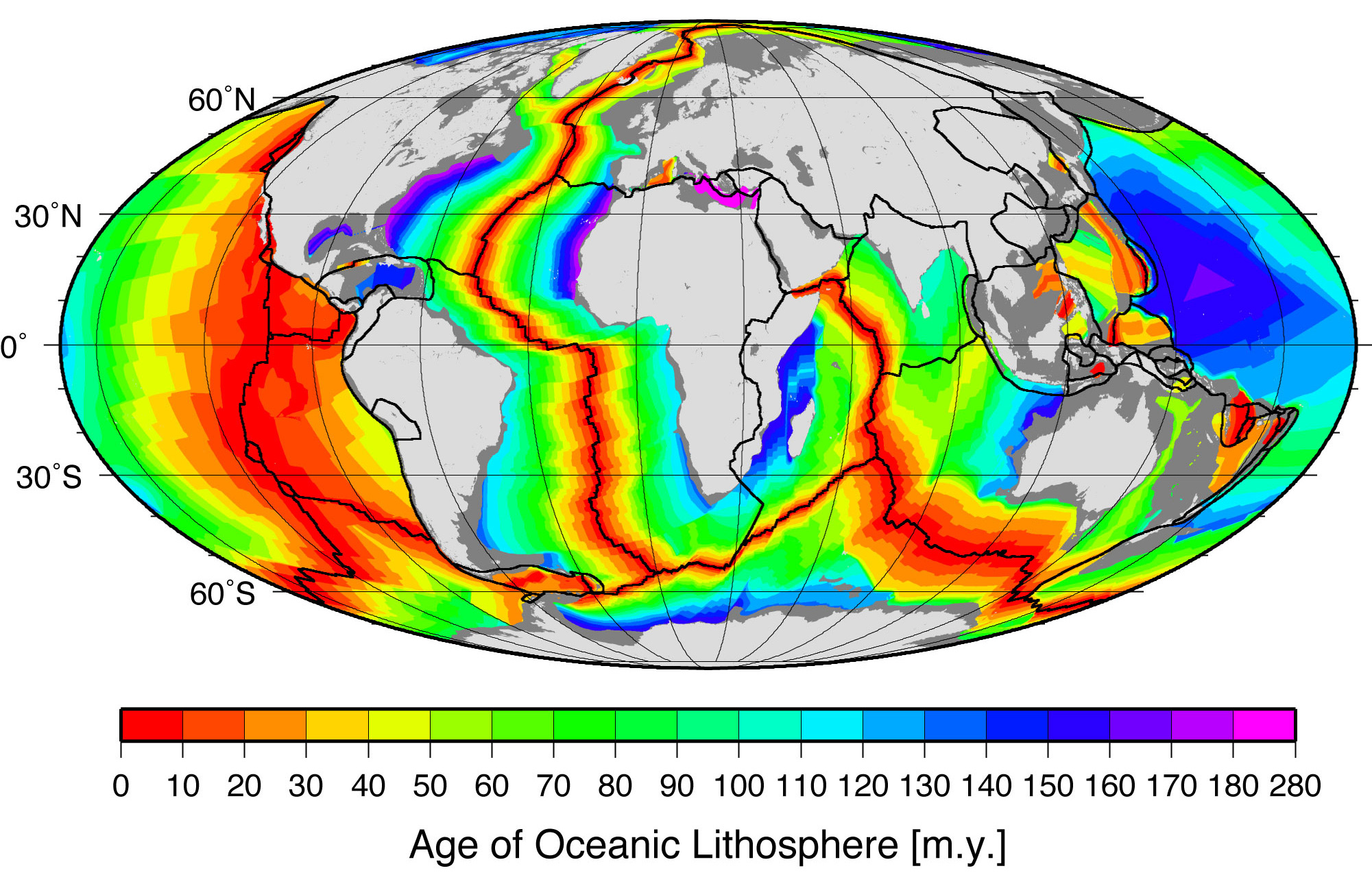 Image via NOAA https://www.ngdc.noaa.gov/mgg/ocean_age/data/2008/image/age_oceanic_lith.jpg The map shoes colors that represent different ages.