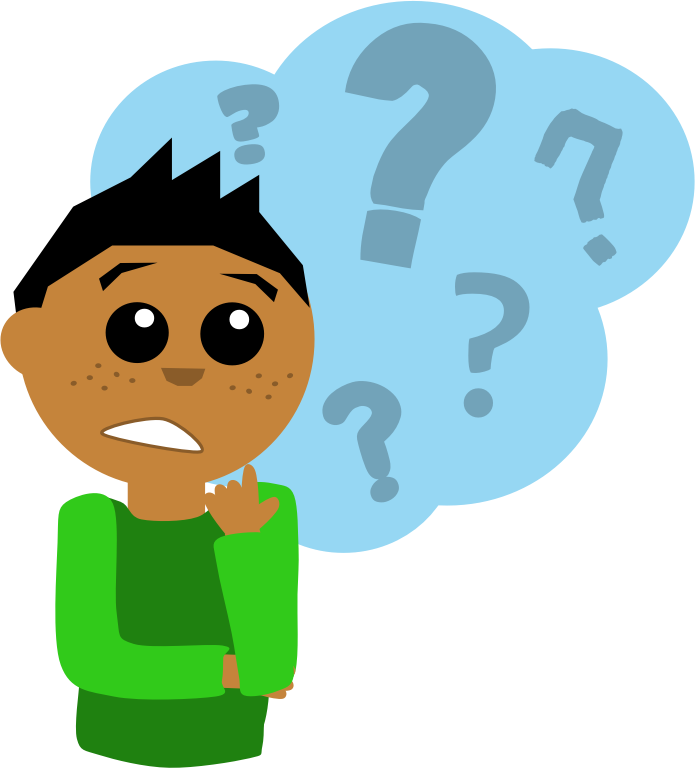 Clip art of a person thinking with a thought bubble filled with question marks.