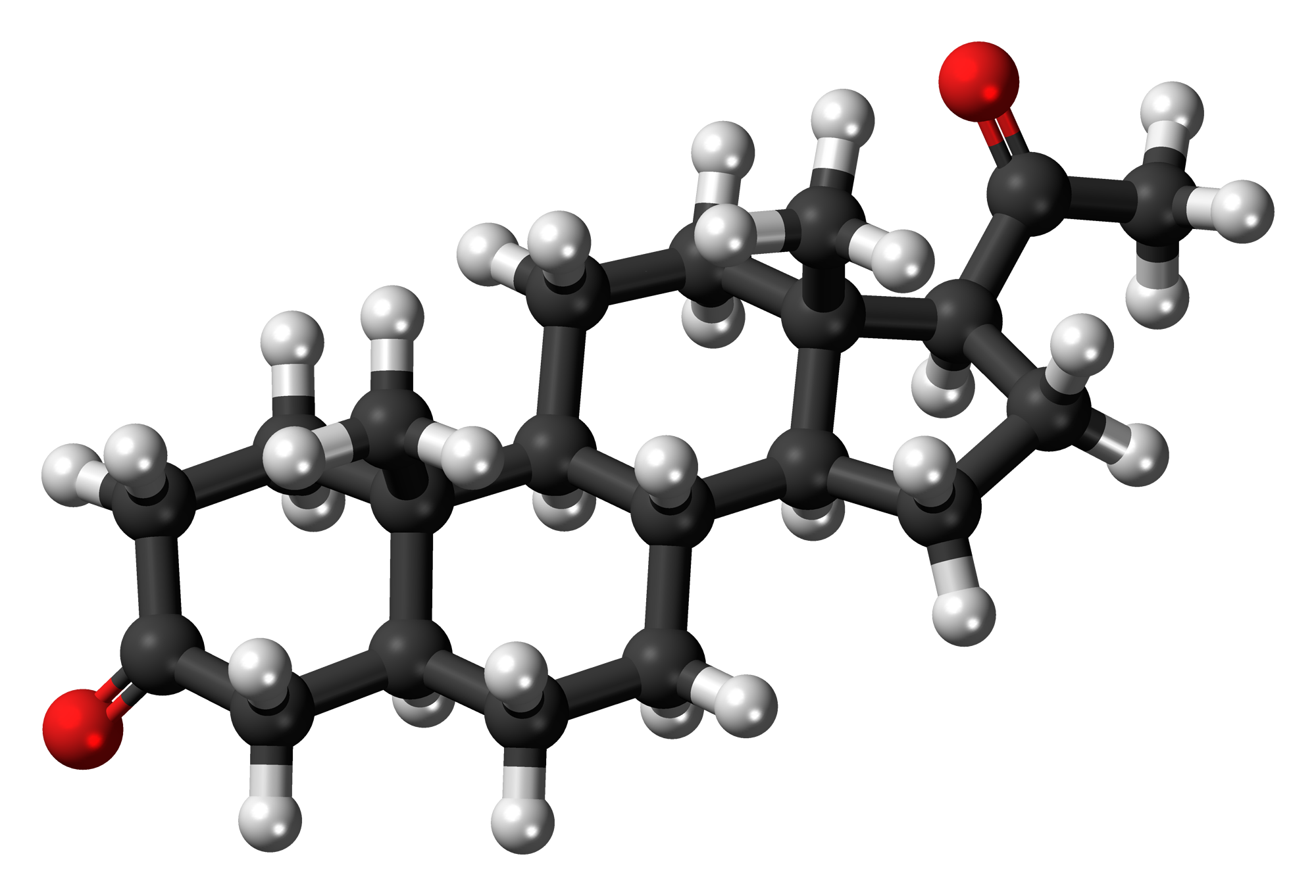 Image shows a ball and stick diagram of the steroid progesterone. Progesterone consists of four fused carbon rings.