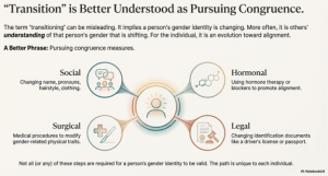 A chart showing that transition is better understood as pursing congruence among measures such as social, surgical, hormonal, and legal. Each person's journey is unique and these steps are not required for a person's identity to be valid.