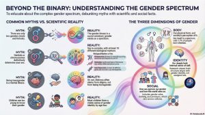 A diagram showing the overlapping dimensions of body, identity and social gender. The image also dispels common gender myths that there are only two genders and that gender is defined by chromosomes.