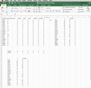 Cluster example excel spreadsheet with cluster pasted