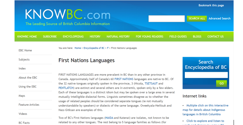 Screenshot saying "KnowBC.com" on top and a search box; underneath is a banner with various tabs (KnowBC Home, subscribe, encyclopedias, history, etc.); left is a column with links (EBC Home, subjects, index, about the EBC, using the EBC, etc); mid section says: You are her: Home - Encyclopedia of BC - First Nations Languages; underneath is an excerpt with the title "First Nations Languages"; to the right is a search box with the label "Search Encyclopedia of BC"