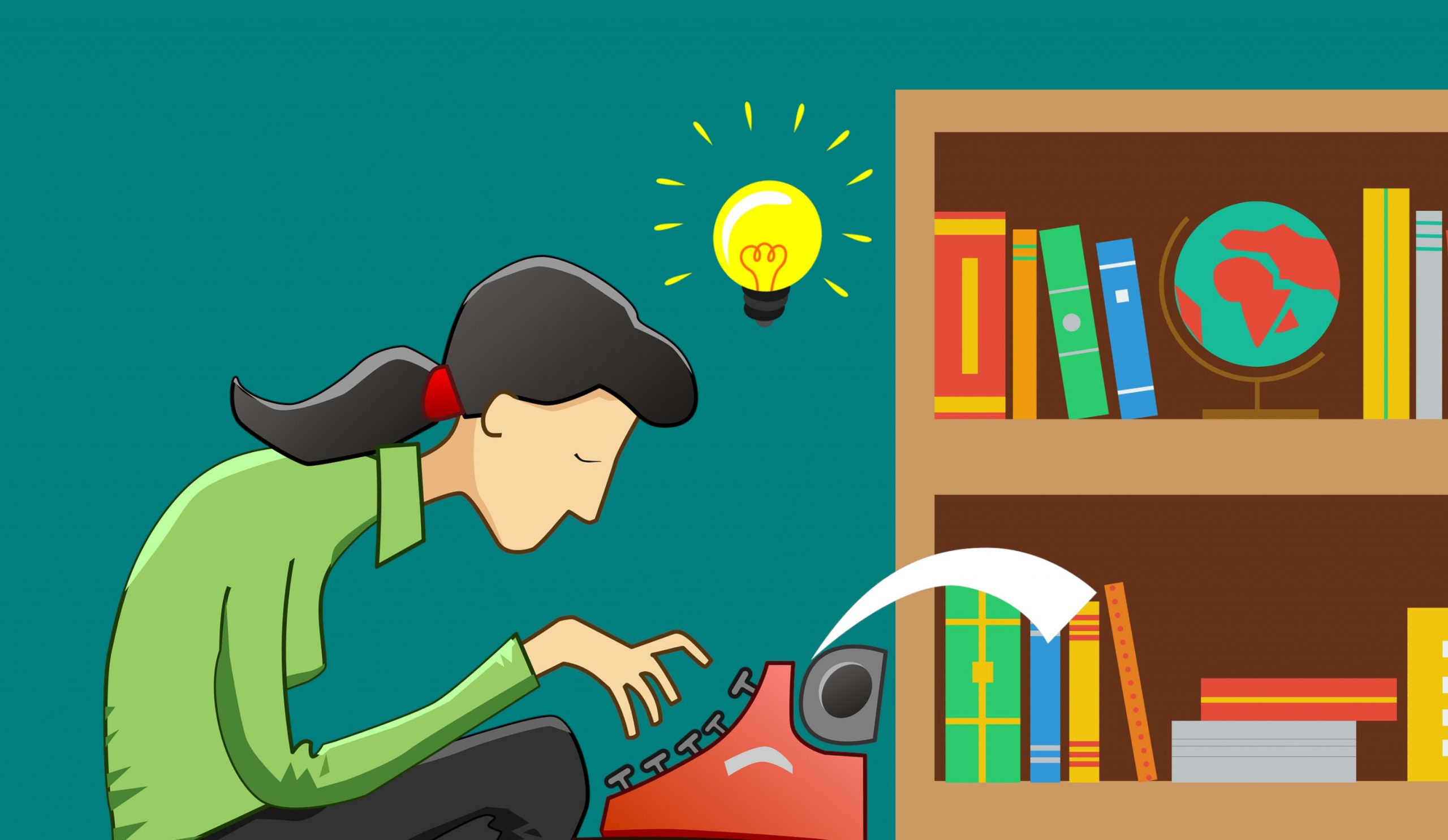 Writer with an idea types on a typewriter in a room with a bookcase filled with books and a globe.