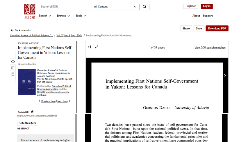 Sreenshot: top left says JSTOR and a search box; left says "journal article: Implementing First Nations Self-Government in Yukon: Lessons for Canada", Canadian Journal of Political Science, Vol. 37, No 3 (Sep. 2004), pp. 671-694; stable URL https://www.jstor.org/stable/25165696; screenshot also shows short excerpt of first page with same title, author information (Gurston Dacks, University of Alberta)