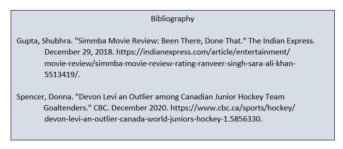 Bibliography for the Gupta and Spencer footnotes. First entry reads: Gupta, Shubhra. "Simmba Movie Review: Been There, Done That." The Indian Express. December 29, 2018. https://indianexpress.com/article/entertainment/movie-review/simmba-movie-review-rating-ranveer-singh-sara-ali-khan-5513419/. Second entry reads: Spencer, Donna. "Devon Levi an Outlier among Canadian Junior Hockey Team Goaltenders." CBC. December 20. https://www.cbc.ca/sports/hockey/devon-levi-an-outlier-canada-world-juniors-hockey-1.5856330.