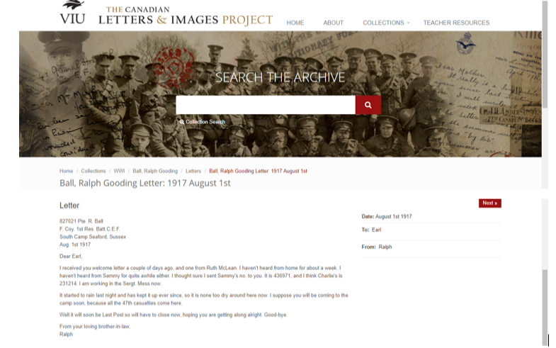 Screenshot of a webpage. On top it reads VIU The Canadian Letters & Images Project. Underneath is a picture of soldiers of WWII and a search box to search the archives. The page heading says: Ball, Ralph Gooding Letter: 1917 August 1st, followed by a transcript of a Letter addressed to "Dear Earl" and signed by Ralph.