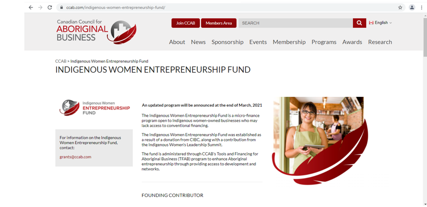 Screenshot: URL is https://www.ccab.com/indigenous-women-entrepreneurship-fund/; top left says Canadian Council for Aboriginal Business; top banner shows various tabs (about, news, etc); title says "indigenous women entrepreneurship fund; short text on the fund and a picture of a woman standing in a cafe holding a tablet