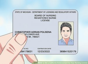 “aid9688616-v4-728px-Get-a-California-Endorsement-for-Your-Nursing-License-Step-11.jpg” by unknown is licensed under CC BY-NC-SA 3.0 Illustration of a hand holding a State of Michigan nursing license