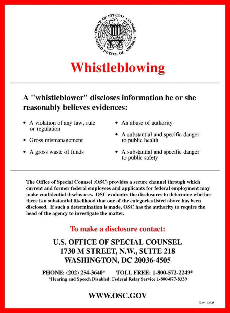“Whistleblowing.pdf’” by United States Office of Special Counsel is in the Public Domain. Image showing a Whistleblowing notice