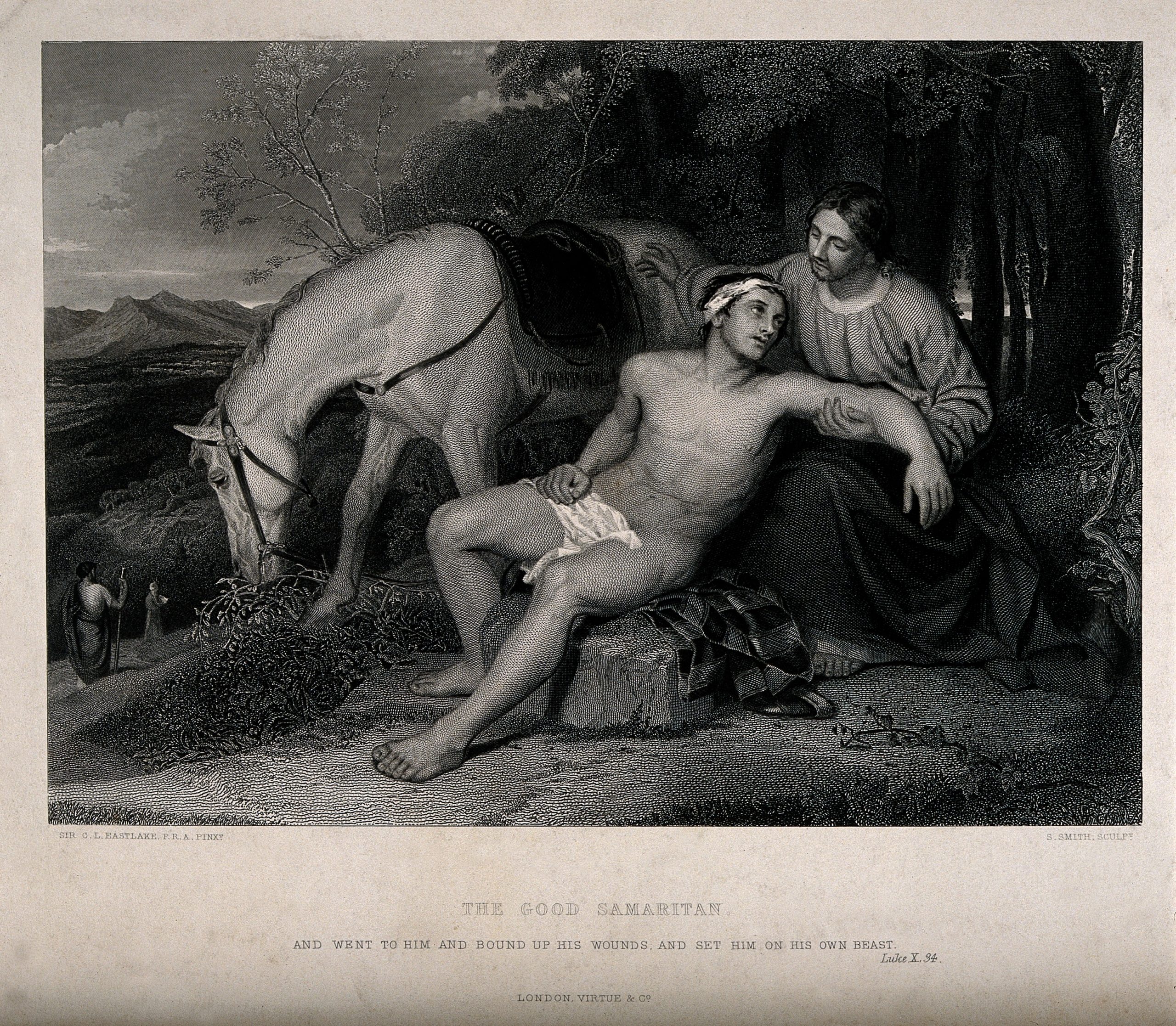 “The_good_samaritan_helping_a_stranger_who_has_been_ignored_b_Wellcome_V0015249.jpg” by S. Smith after C. L. Eastlake is licensed under CC BY 4.0 Image showing the Good Samaritan art work