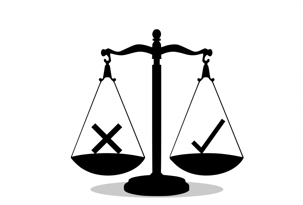 “balance-6097898_1280” by mohamed_hassan is licensed under CC0 1.0 Illustration showing justice scales with a checkmark in one side and an x in the other