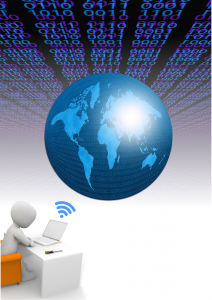 “informatics-1322241_1920.jpg” by mariojsantos at Pixabay.com is licensed under CC0 Illustration showing human figure sitting at desk with laptop, a large globe of earth floating above