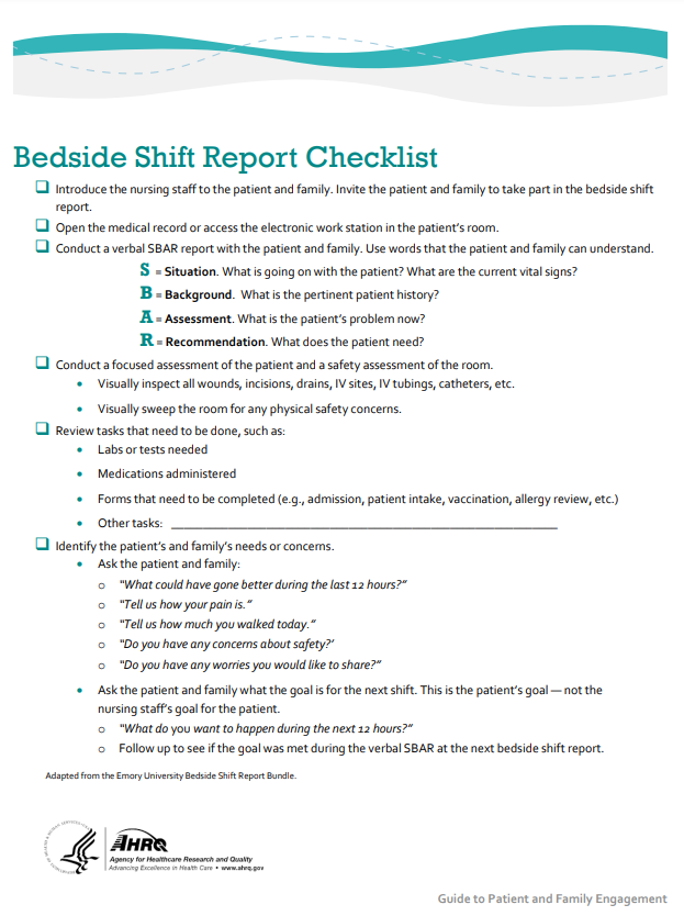 "Strat3_Tool_2_Nurse_Chklst_508.pdf" by AHRQ is licensed under CC0 Image showing bedside handoff report checklist