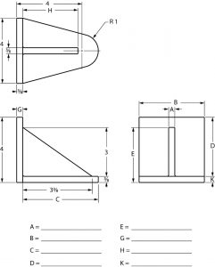 Orthographic views of a parts with partial dimensioning.