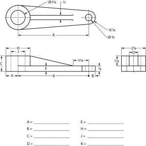 Orthographic views of a parts with partial dimensioning.