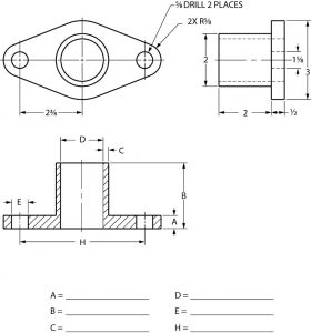 Orthographic views of a parts with partial dimensioning.