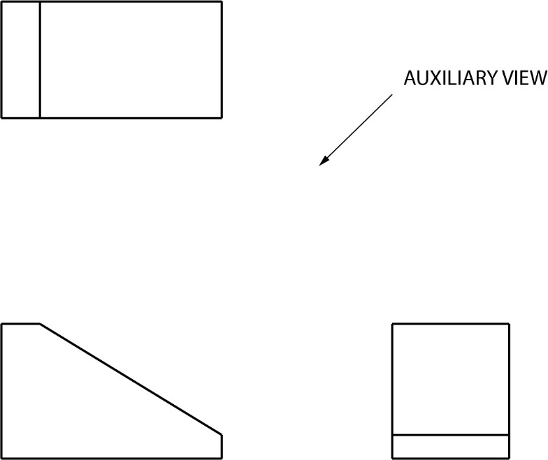 3 orthographic views provided, draw the auxiliary view.