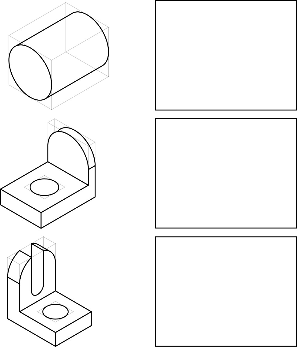 Isometric parts that need ellipses drawn.