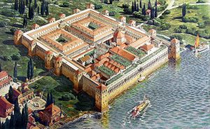 Illustration depicting Diocletian's Palace (original appearance): Reconstruction of Diocletian's Palace in its original appearance, upon completion in 305 CE (viewed from the south-west).